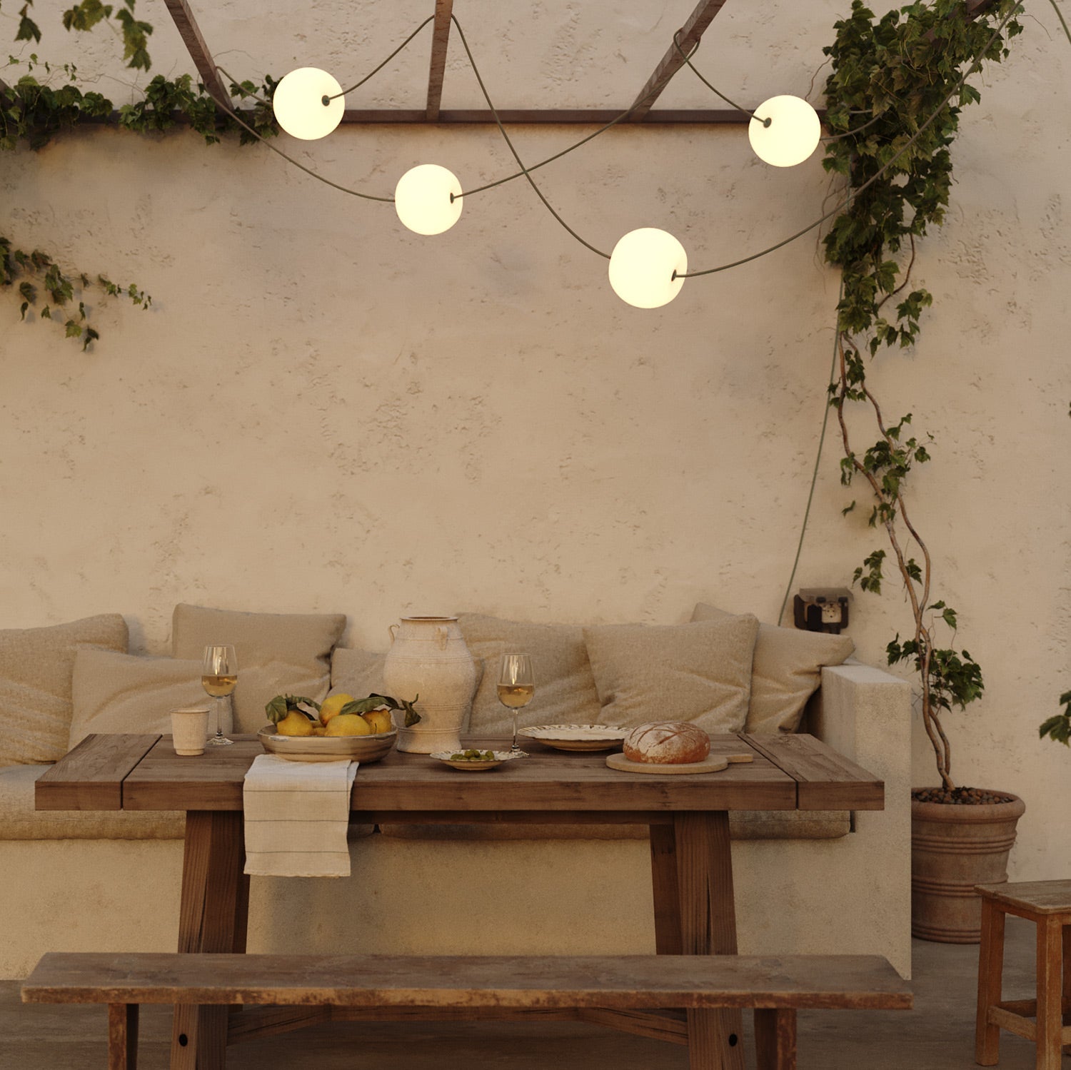 Outdoor 4-Light String Light for wet locations Olive Green, Power supply with US plug - Marina4 Cherry 140 cm