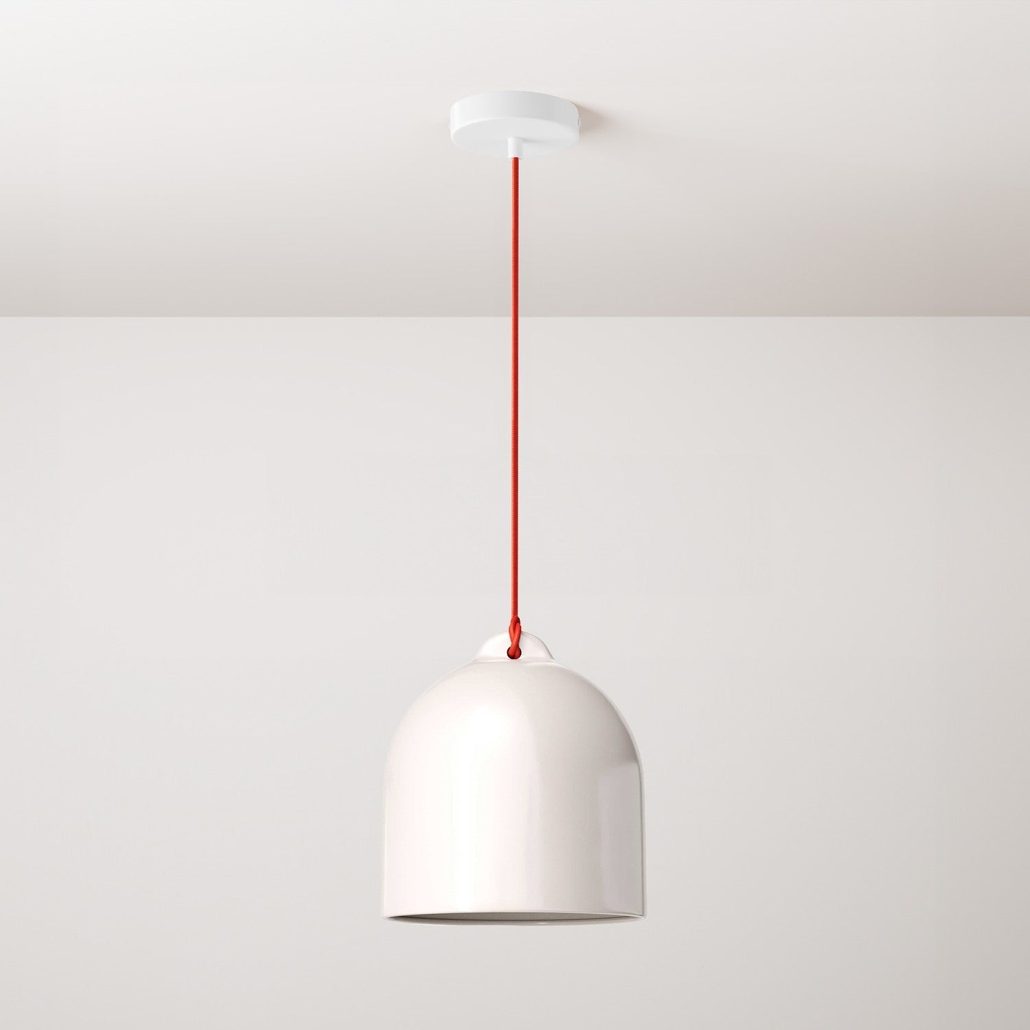Pendant lamp with textile cable and lampshade Bell M in ceramic - Glossy white