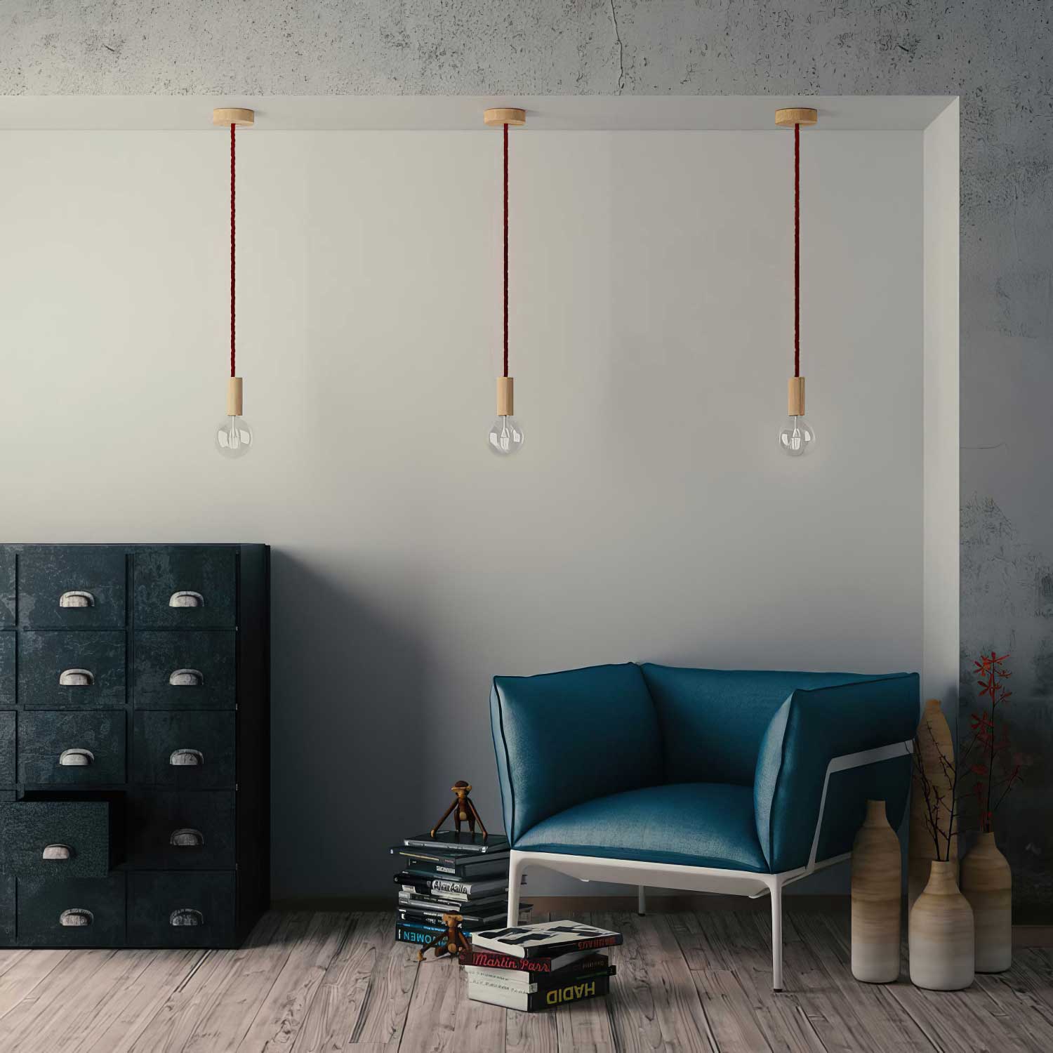 Rope electrical wire 18/3 AWG wire inside. Shiny Dark Bordeaux Fabric