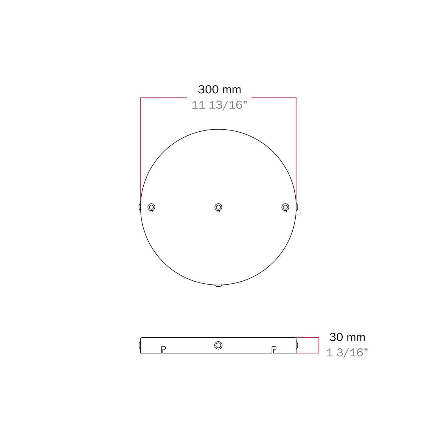 Rosone rotondo in alluminio Ø 30 cm con staffa e cavo di messa a terra, con 3 fori frontali - Bianco Opaco 3
