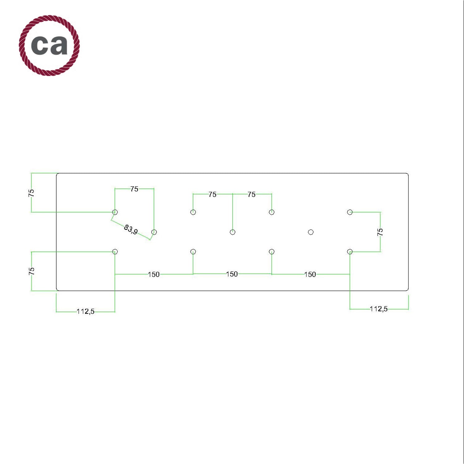 Rosone XXL Rose-One rettangolare a 11 fori e 6 fori laterali, dimensioni 675 x 225 mm - Dibond Rame satinato Bianco